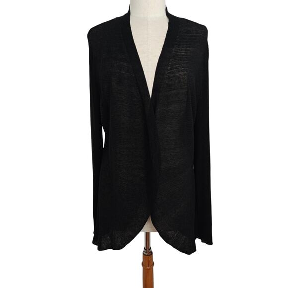 EILEEN FISHER Linen Blend Open Front Cardigan Sweater Large Black Lightweight - Picture 1 of 9